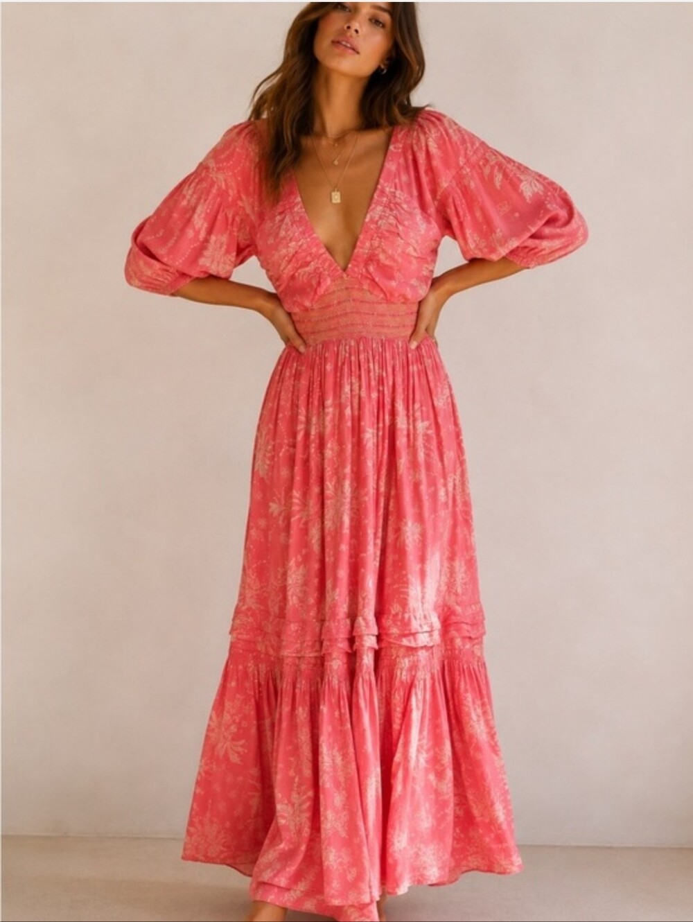 Free People Golden Hour Maxi Dress Coral Pink Floral Babydoll Beach Resort Small